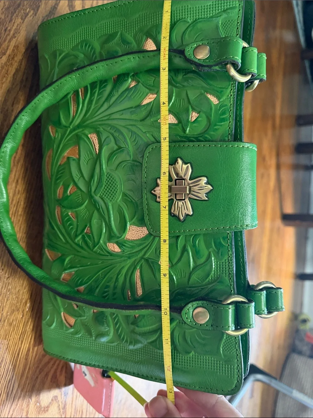 Patricia Nash Green Tooled Floral Leather Satchel